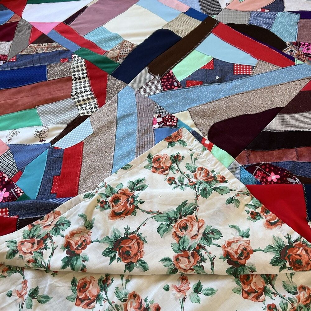 Vintage Crazy Quilt Patchwork Approx 80 X 94 Floral Back Mixed Media